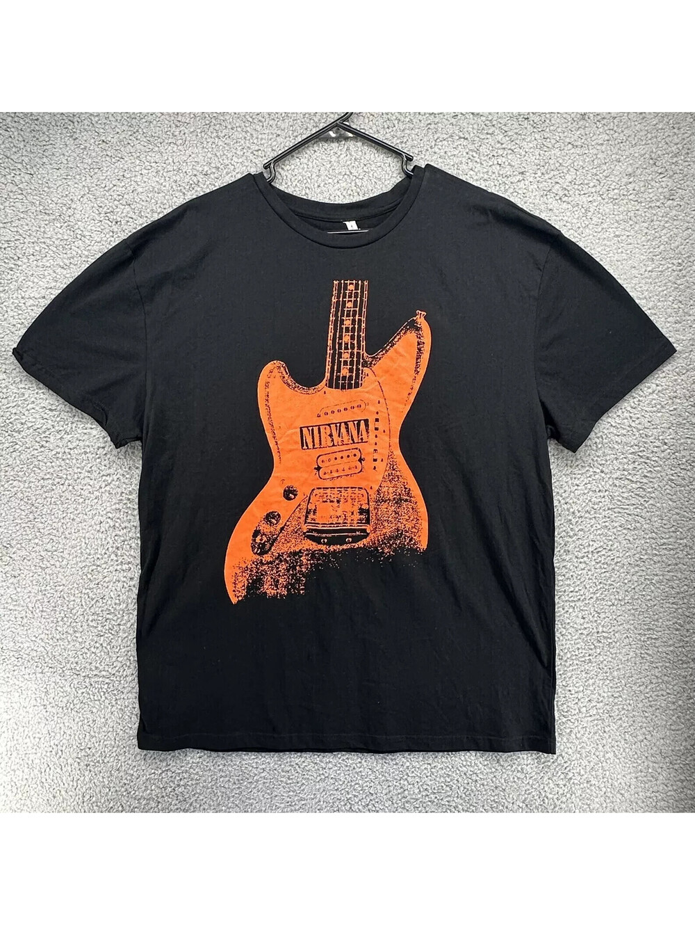 Unisex Nirvana Orange Guitar Graphic Black Short Sleeve Cotton T-shirt Size 2XL